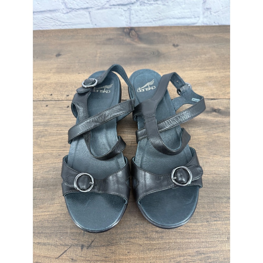 Dansko Black Leather Strappy Wedge Sandals Buckle Comfort Shoes Womens Size 38 - Picture 3 of 12